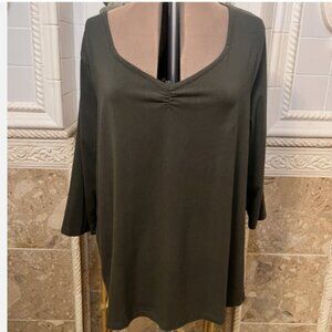 Zena Jeans. Size 3X. Dark Olive Drab Green. Stretch. 3/4 Sleeve. Top. B127